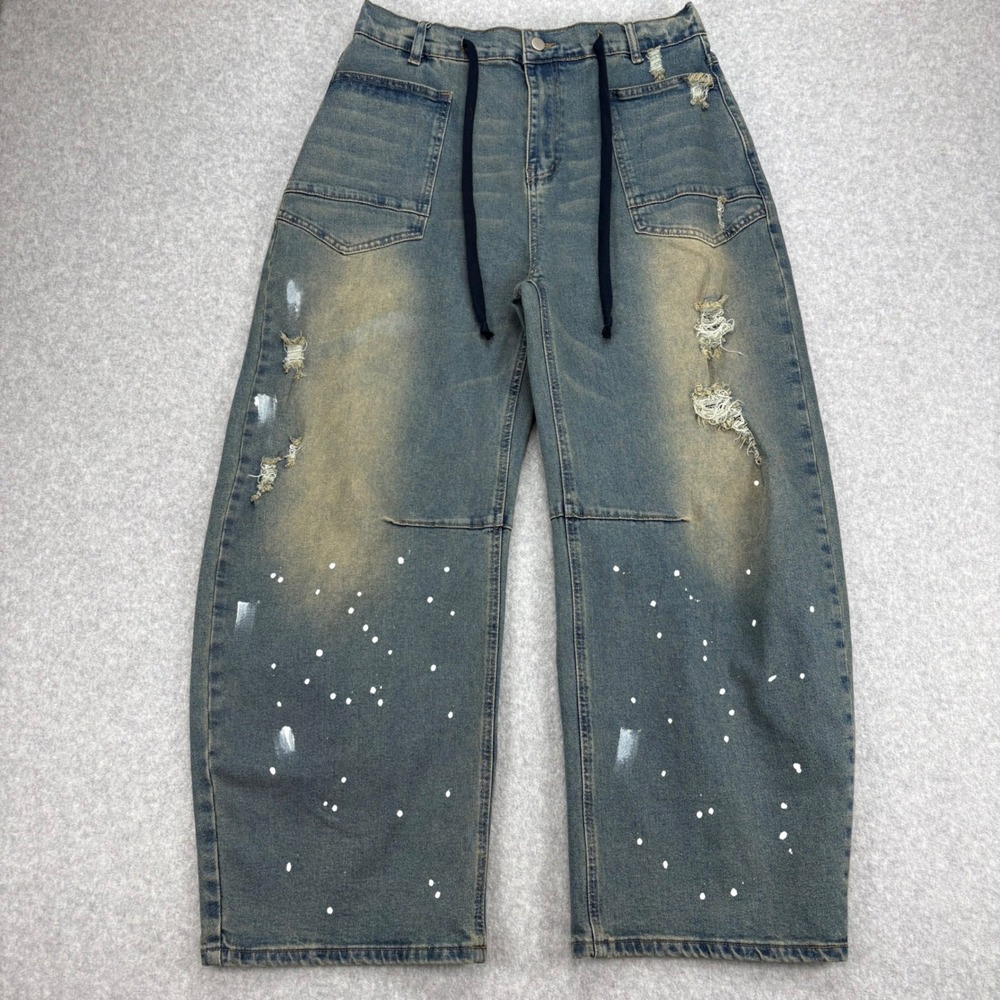 Blue Velvet Jeans Men XL Blue Distressed Paint Splatter Baggy Streetwear Skater